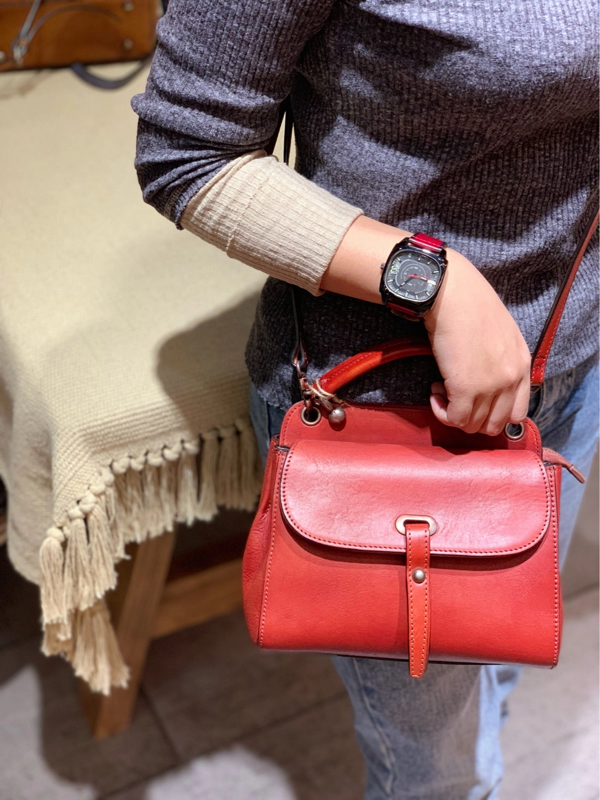 Card Section Comfort Look Vintage Red Ladies Leather Square Satchel Handbag Purse Brown SHoulder Bag Side Bag for WOmen
