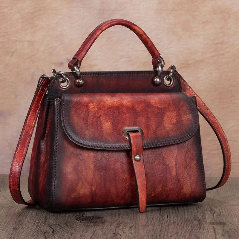 Vintage Red Ladies Leather Square Satchel Handbag Purse Brown SHoulder Bag Side Bag for WOmen Classic Utility Neutral Color