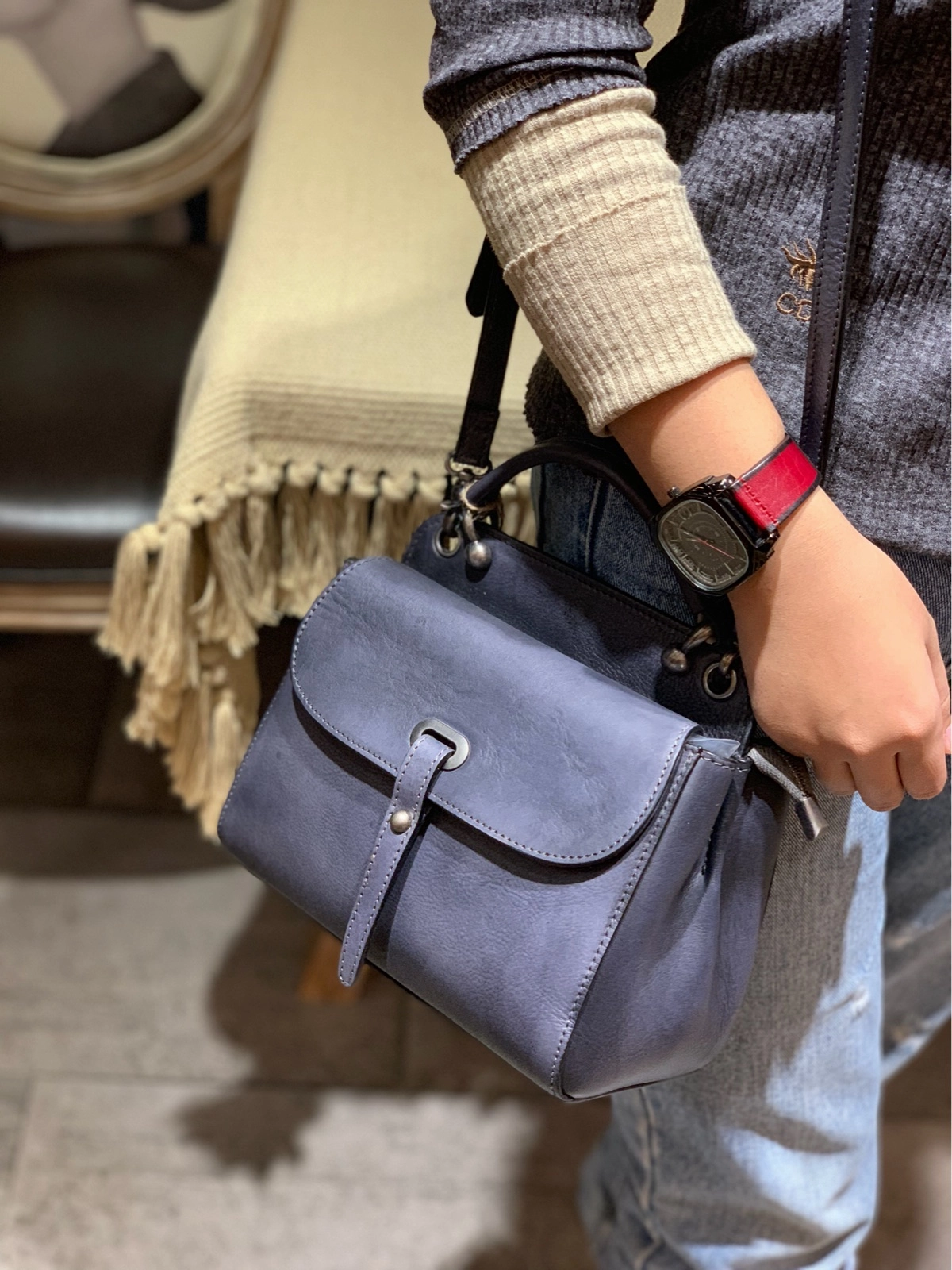 Vintage Red Ladies Leather Square Satchel Handbag Purse Brown SHoulder Bag Side Bag for WOmen Strong Handle