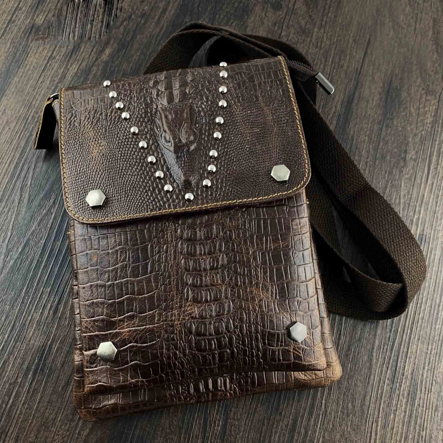 BADASS BROWN LEATHER MENS SMALL VERTICAL SHOULDER BAG SIDE BAG COURIER BAG MESSENGER BAG FOR MEN Portable Organizer