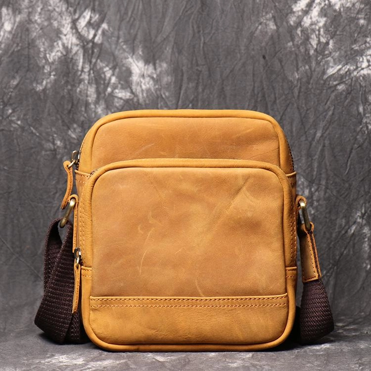 Tan LEATHER MENS Small Vertical SIDE BAG COURIER BAG Vertical MESSENGER BAG FOR MEN Urban Adventure