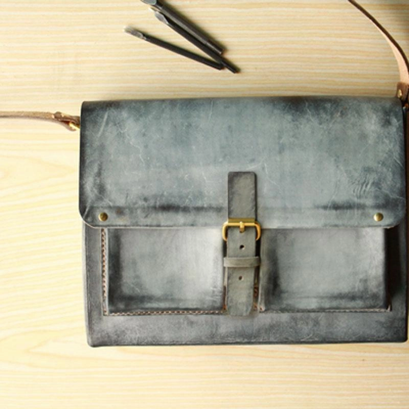 Handmade Vintage Leather Mens Cool Messenger Bags Gray Shoulder Bag for Men Daily Travel Contemporary Touch