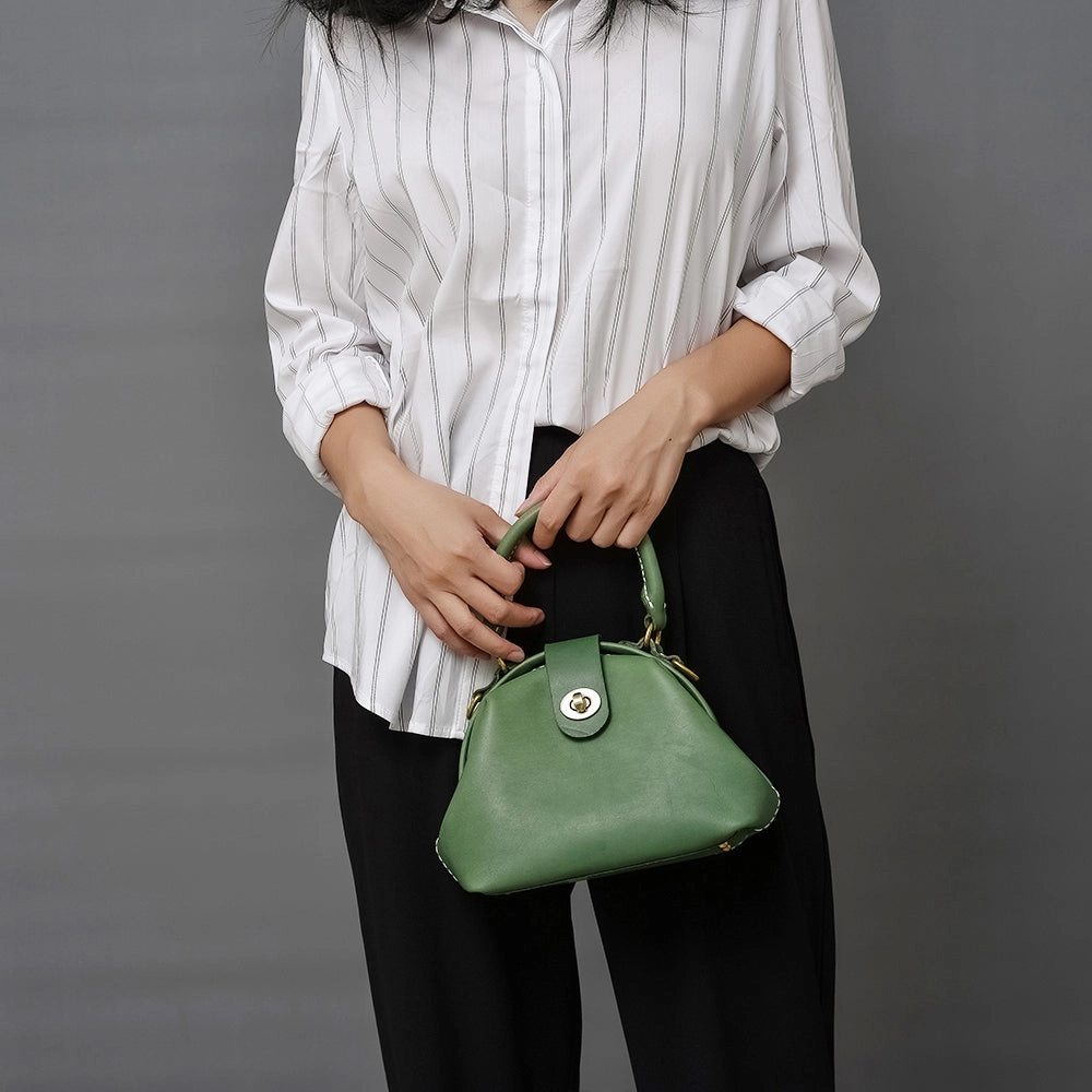 City Style Street Outfit Handmade Womens Green Leather Mini Doctor Handbag Purse Green Shoulder Doctor Bags for Women