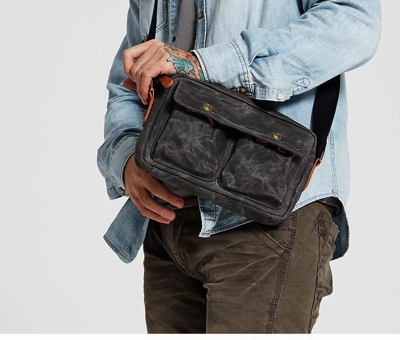 Modern Comfort Gray Waxed Canvas Mens Casual Shoulder Bag Messenger Bags Casual Courier Bags for Men