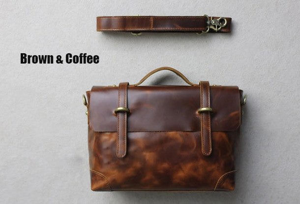 Handmade leather men Briefcase messenger brown coffee shoulder bag vintage bag Organized Storage Practical Companion