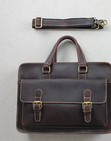 Handmade leather men Briefcase messenger dark coffee shoulder bag vintage bag Daily Journey