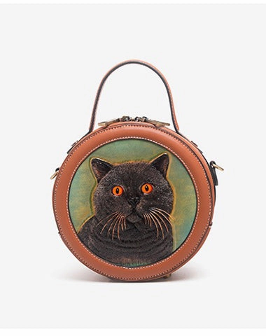 Handmade Womens Black Cat Leather Round Handbag Purse Round Crossbody Bag for Women Evening Glamour Dynamic Edge
