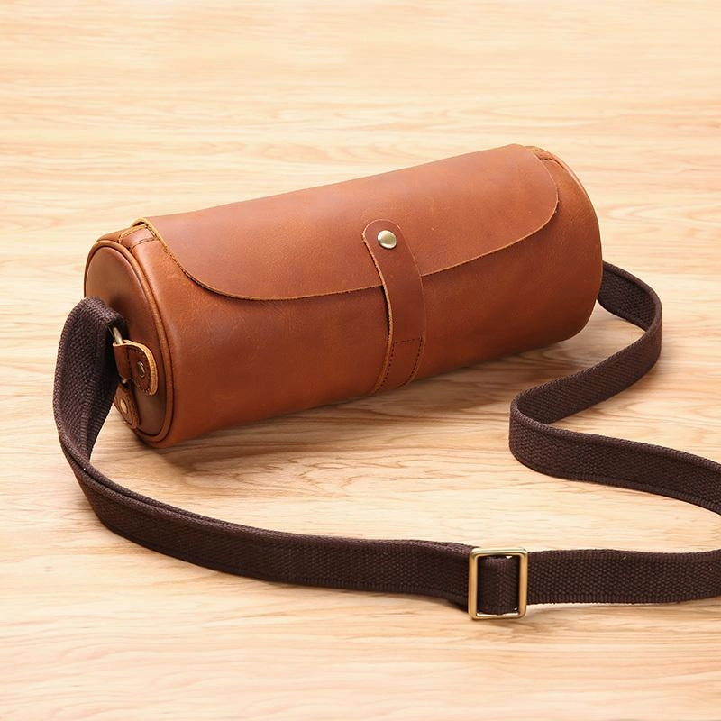 Elegant Touch Black Leather Mens Brown Barrel Postman Bag Brown Bucket Messenger Bag Side Bag For Men