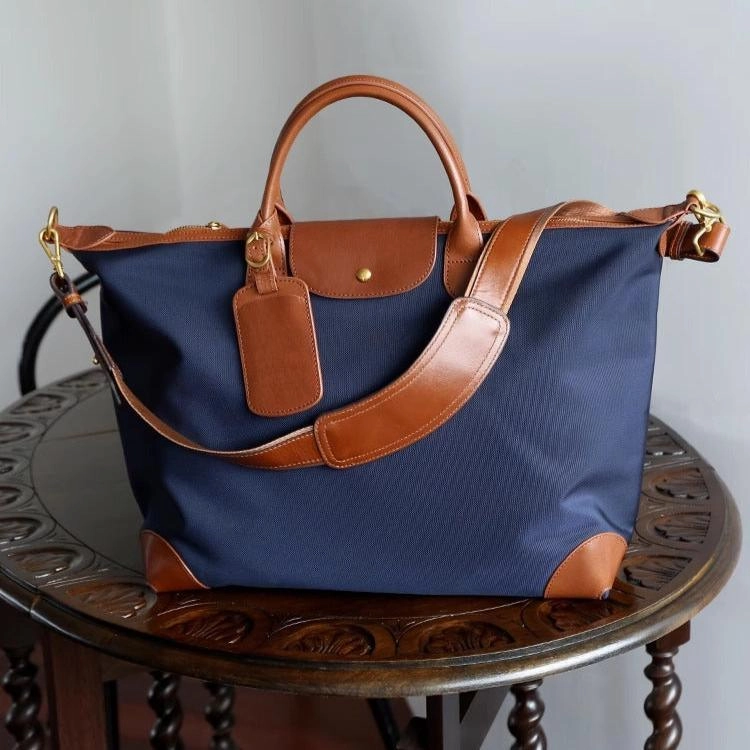 Functional Grip Roomy Shape Handcrafted Large Waterproof Nylon and Cowhide Tote Bag, Women Shoulder Bag, Men Traveling Bag, Laptop Bag, Weekend Bag, Work Commutes Bag