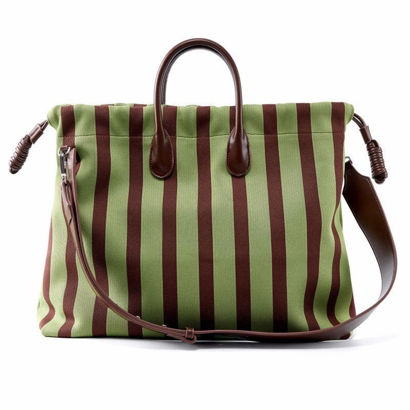 Olive & Espresso Striped Canvas Oxford Large Tote with Leather Accents | Elegant Shopper's Handbag with Crossbody Option, Women Laptop Bag Urban Commuter