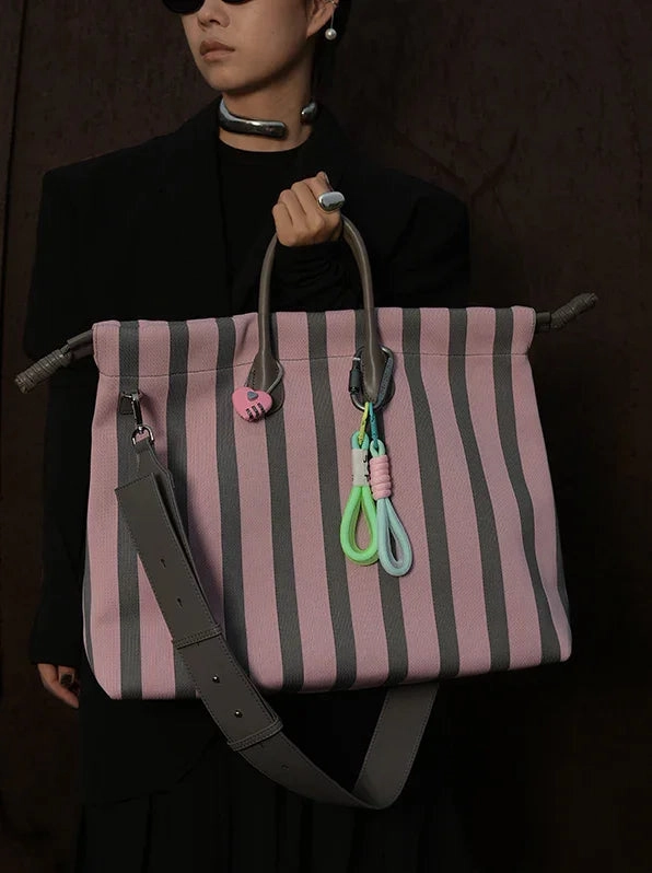 Workday Carry Quilted Tote Olive & Espresso Striped Canvas Oxford Large Tote with Leather Accents | Elegant Shopper's Handbag with Crossbody Option, Women Laptop Bag