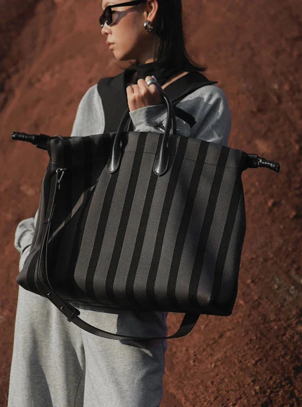 Stylish Edge Olive & Espresso Striped Canvas Oxford Large Tote with Leather Accents | Elegant Shopper's Handbag with Crossbody Option, Women Laptop Bag