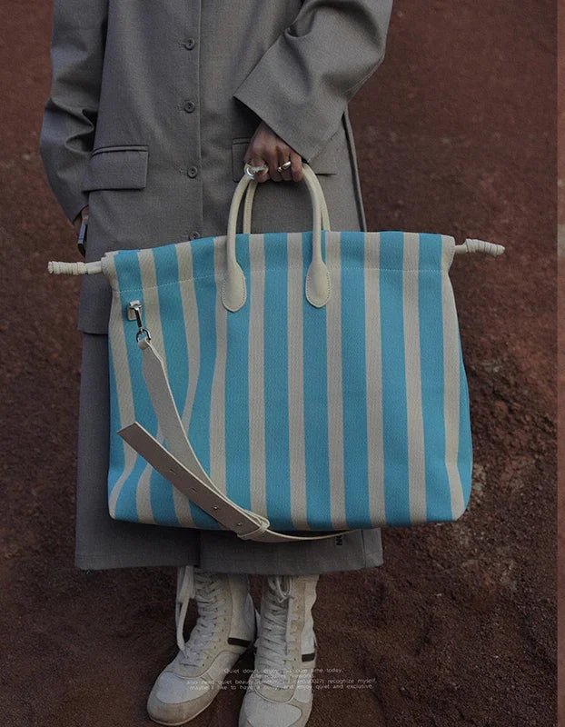 Outdoor Ready Refined Look Olive & Espresso Striped Canvas Oxford Large Tote with Leather Accents | Elegant Shopper's Handbag with Crossbody Option, Women Laptop Bag