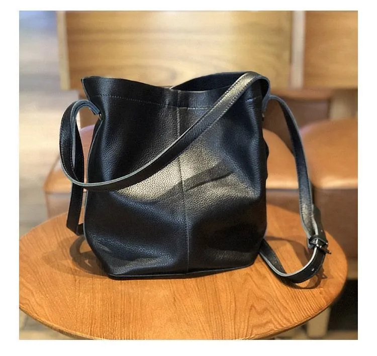 Large Leather Bucket bag,  Lady Fashion Tote Bag, Leather Shoulder Bag, Leather Handbag, Crossbody Bag Black, Gift for her Compact Shopper Compact Companion
