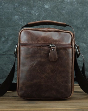 BROWN LEATHER MEN'S 10 inches Side bag Vertical Courier Bag MESSENGER BAG FOR MEN Practical Functionality