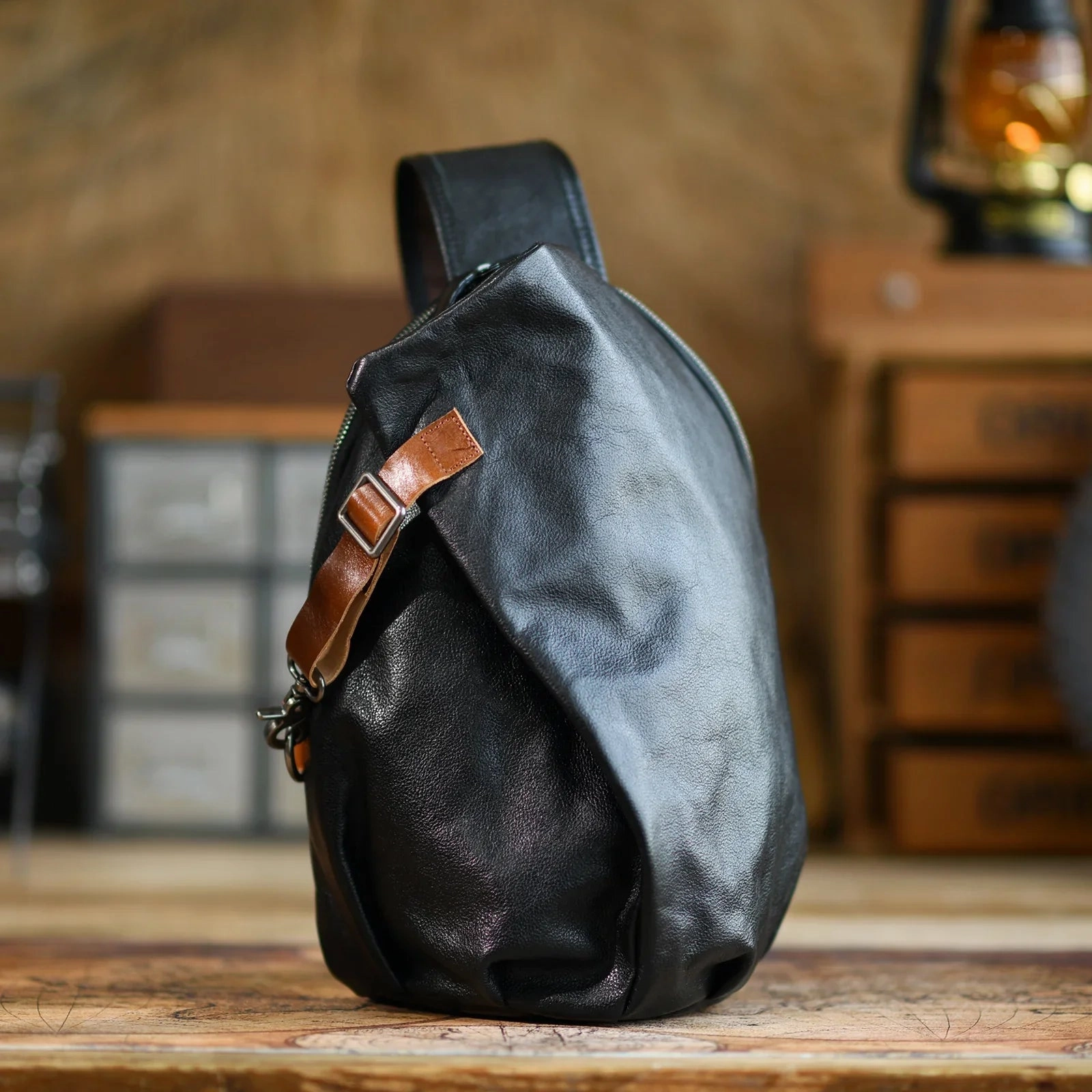 Modern Utility Daily Organizer Men's Vintage Full-Grain Leather Sling Bag, Handmade Casual Large Crossbody Chest Pack, Convertible Backpack