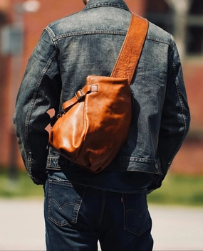 Men's Vintage Full-Grain Leather Sling Bag, Handmade Casual Large Crossbody Chest Pack, Convertible Backpack Outdoor Comfort Gear