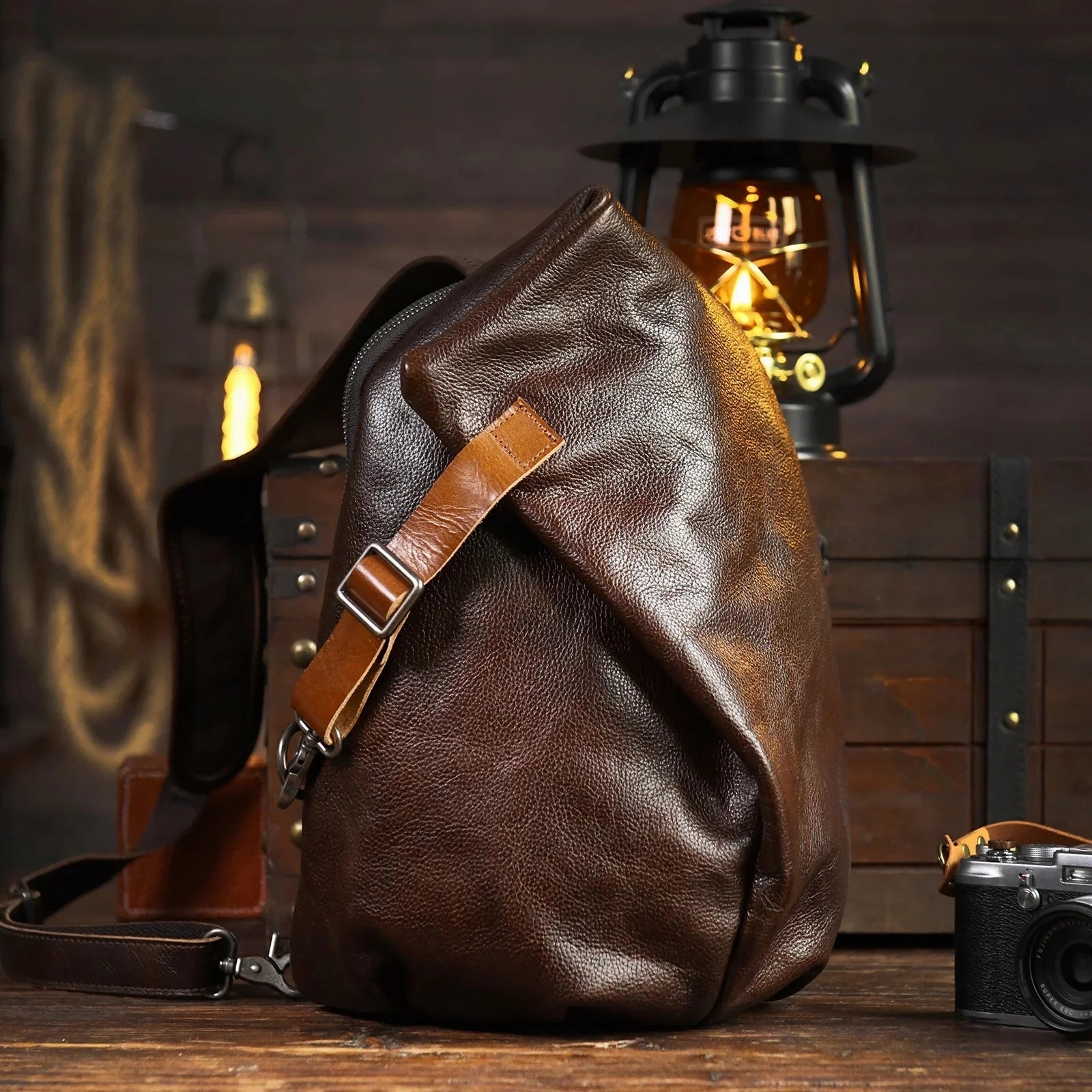 Men's Vintage Full-Grain Leather Sling Bag, Handmade Casual Large Crossbody Chest Pack, Convertible Backpack Daily Fashion