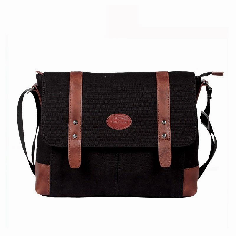 Casual Canvas Leather Mens Khaki Side Bag Messenger Bag Black Canvas Courier Bag for Men Functional Carry