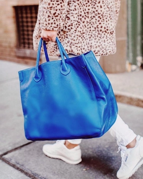 Functional Everyday Essential Companion Oversize Large Leather Tote Bag, Cowhide Leather Bag, Lady Fashion Bag Blue, Personalized gifts