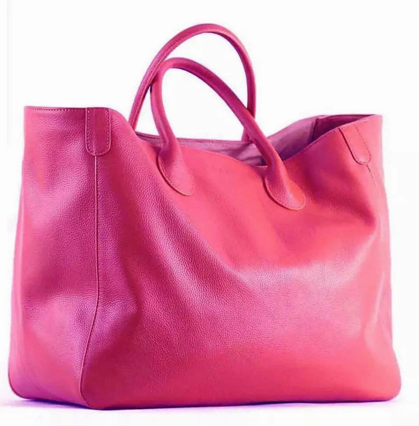 Oversize Large Leather Tote Bag, Cowhide Leather Everyday Bag, Leather Shoulder Bag, Weekend Bag Crossbody Bag, Lady Fashion Bag Hot Pink Convenient Zippers