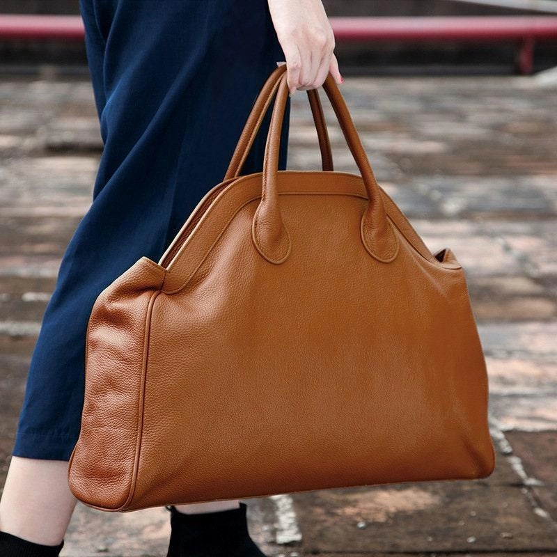 Minimalist Tote Oversize Leather Tote Bag, Brown/Green Leather Handbag, Leather Fashion Overnight Bag, X Large Leather Nappy Bag, Women Modern Everyday Bag