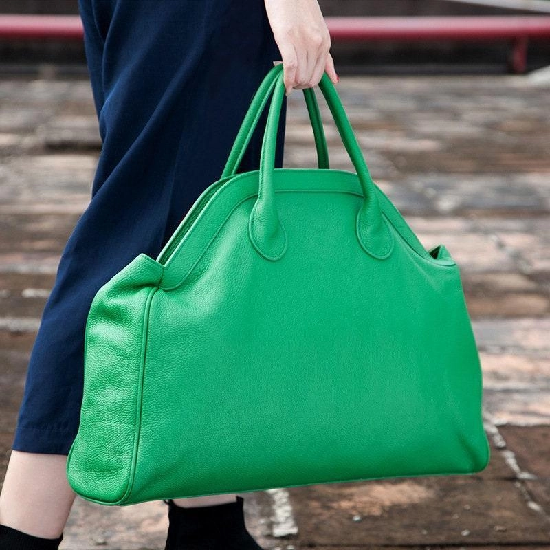 Extra Style Oversize Leather Tote Bag, Brown/Green Leather Handbag, Leather Fashion Overnight Bag, X Large Leather Nappy Bag, Women Modern Everyday Bag
