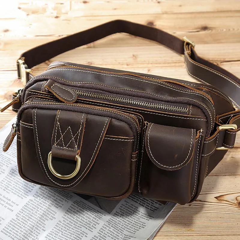 Vintage Large Brown Leather Men's Fanny Pack Brown Waist Bag Hip Pack For Men Compact Form