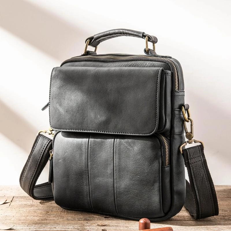 Black Leather Mens Vertical Small Briefcase Work Handbag Side Bag Business Shoulder Bag for Men Outdoor Edge