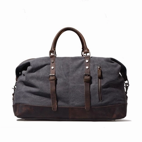 Gray Mens Leather Canvas Large Weekender Bag Canvas Travel Bag for Men Multipurpose Carrying Bag