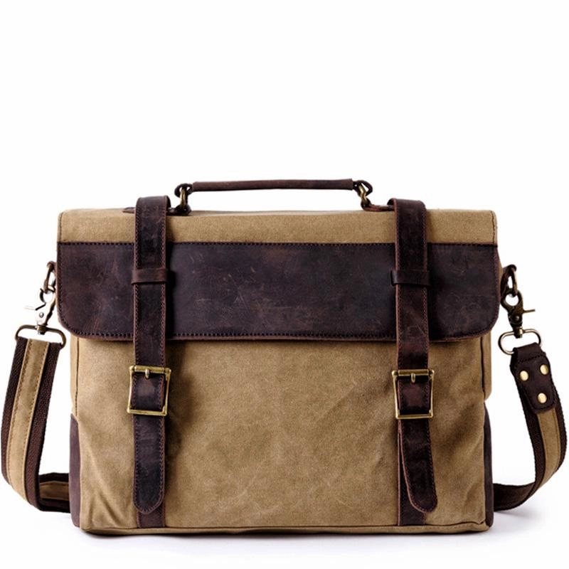 Casual Utility Work Lifestyle Waxed Canvas Leather Mens Side Bag 14???? Messenger Bag Computer Bag For Men