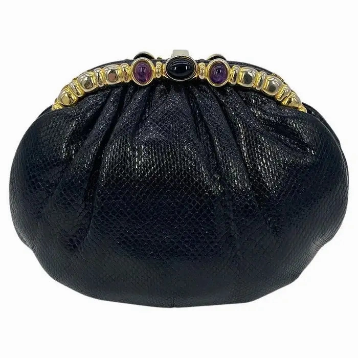 Judith Leiber Black Lizard Purple & Black Gemstone Top Clutch Sophisticated Touch Chic Texture