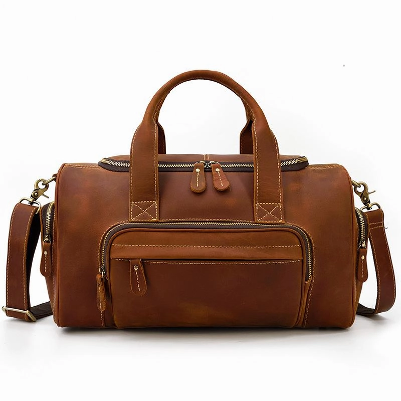 Casual Brown Leather Men Overnight Bags Handbag Travel Bags Weekender Bags For Men Minimal Frame Organized Design