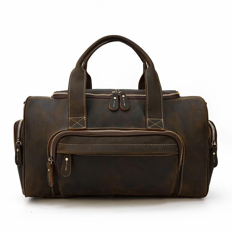 Casual Brown Leather Men Overnight Bags Handbag Travel Bags Weekender Bags For Men Side zipper Multipurpose Carrying Bag