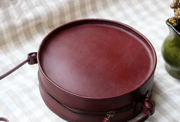 Casual Style Handmade Black Leather Circle bag for women leather shoulder bag crossbody bag