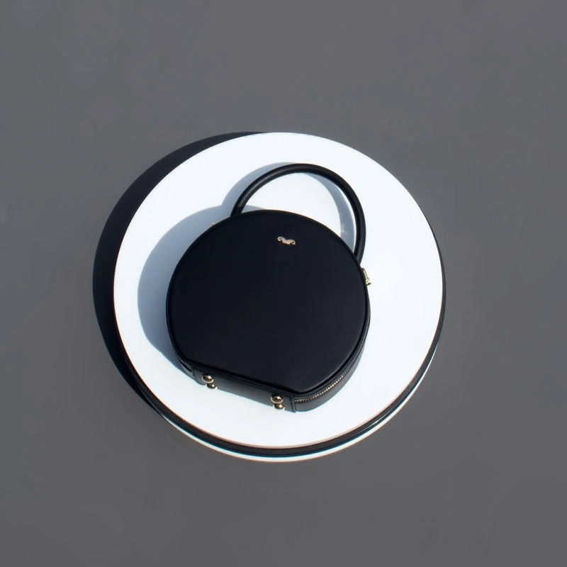 Womens Black Leather Round Handbag Crossbody Bag Round Small Shoulder Bag for Women Signature Detail