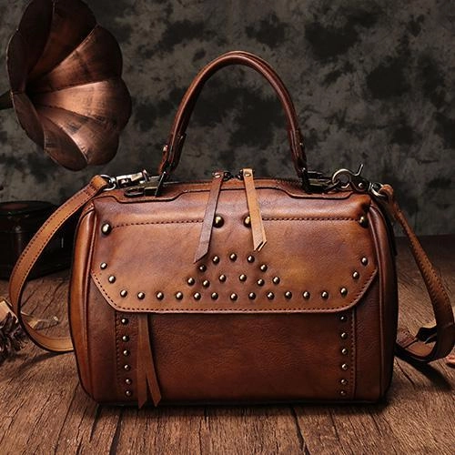 Refined Style Resort Style Red Vintage Leather Womens Boston Handbag Side Bag Brown Rivet Boston Shoulder Purse for Ladies