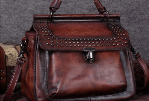 Vintage Leather Handbag Purse Rivet Shoulder Bag Purse For Women Minimal Style Minimal Trend