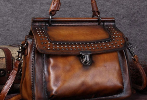 Vintage Leather Handbag Purse Rivet Shoulder Bag Purse For Women Classic Trend