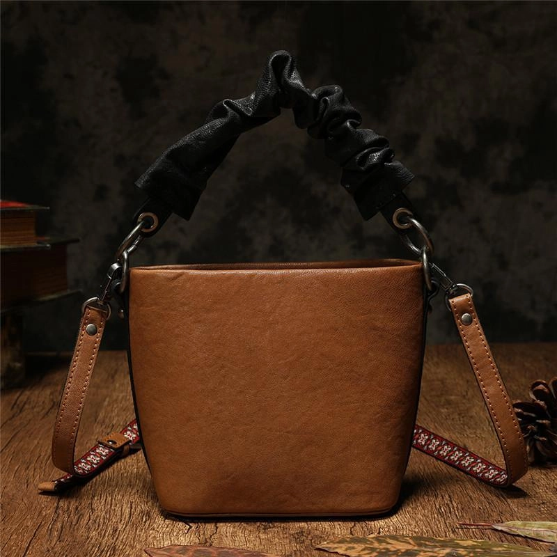 Red Cute Small Womens Leather Bucket Handbag Brown Fashion Barrel Purses for Ladies Urban Classic