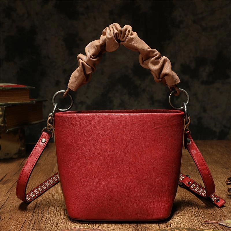 Red Cute Small Womens Leather Bucket Handbag Brown Fashion Barrel Purses for Ladies Casual Daily