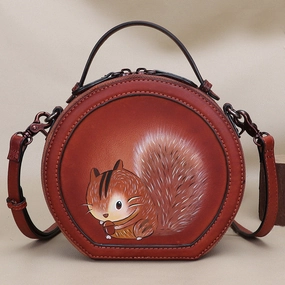 Luxury Accent Premium Material Cutest Women Brown Leather Round Handbag sSquirrel Crossbody Purse Vintage Round Shoulder Bags for Women