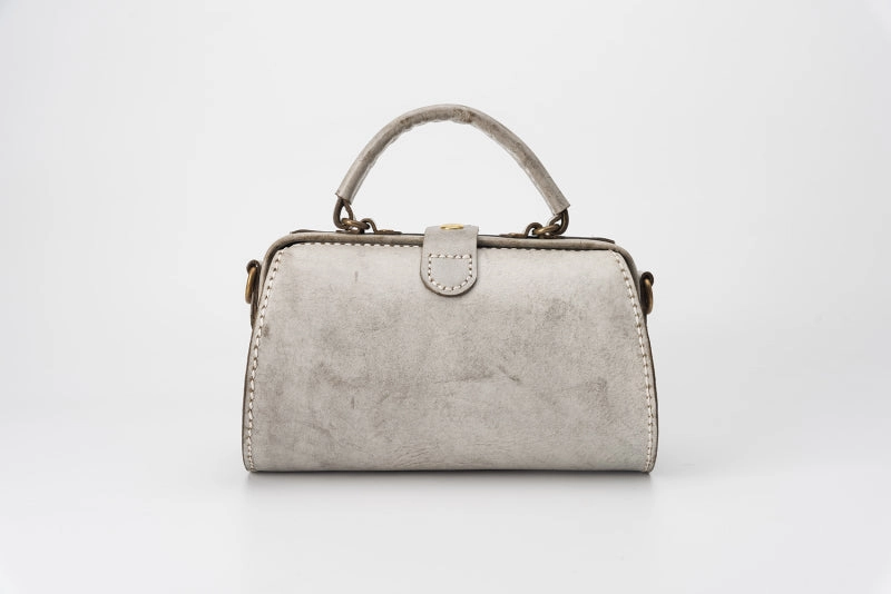 Distinct Accent Handmade Womens Beige Leather Doctor Handbag Purse Small Side Bag Doctor Bags for Women