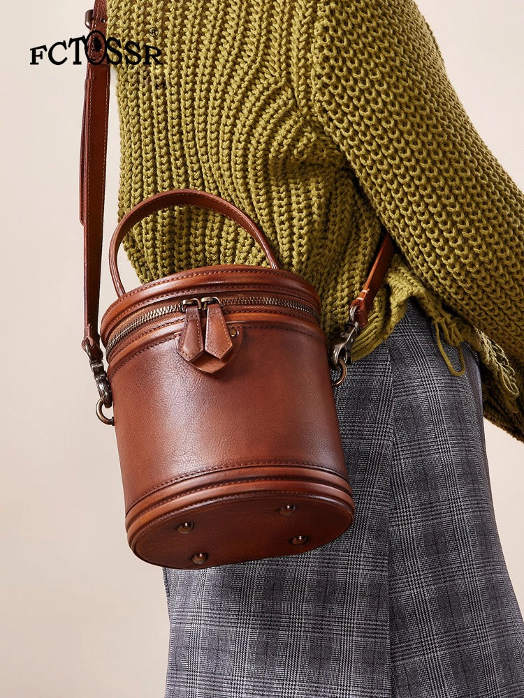 Brown Leather Womens Bucket Handbag Barrel Shoulder Bag Crossbody Purse for Ladies Classic Daily
