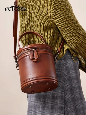 Brown Leather Womens Bucket Handbag Barrel Shoulder Bag Crossbody Purse for Ladies Daily Edge