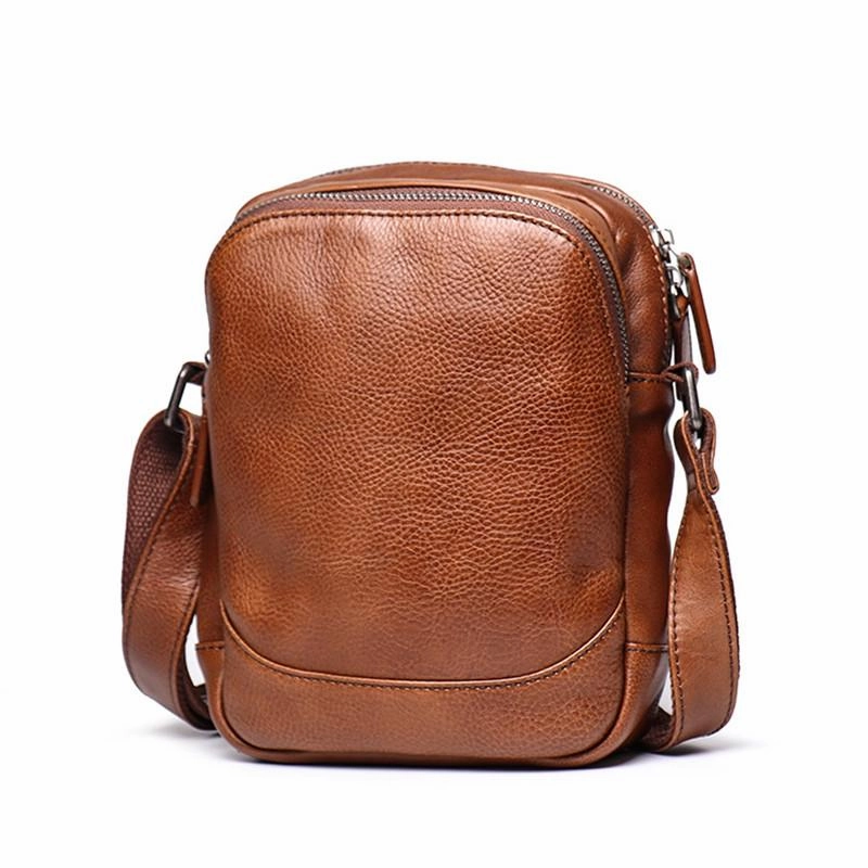 Compact Shape Practical Everyday Cool Brown Leather Men's Small Vertical Side Bag Black Vertical Messenger Bag For Men