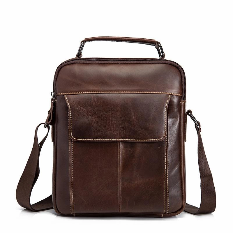 Sporty Look Comfort Function Cool Brown Leather Men's Small Vertical Messenger Bag Brown Small Side Bag For Men