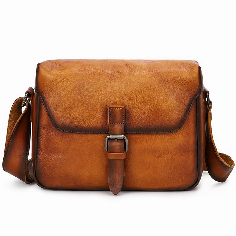 Cool Brown Men Leather Camera Side Bag Tan SLR Camera Leather Cube Messenger bag For Men Functional Piece