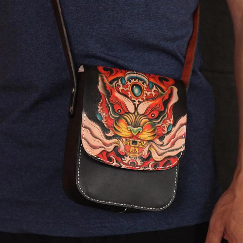 Black Handmade Tooled Leather Monster Small Vertical Courier Bag Messenger Bag For Men Trendy Gear