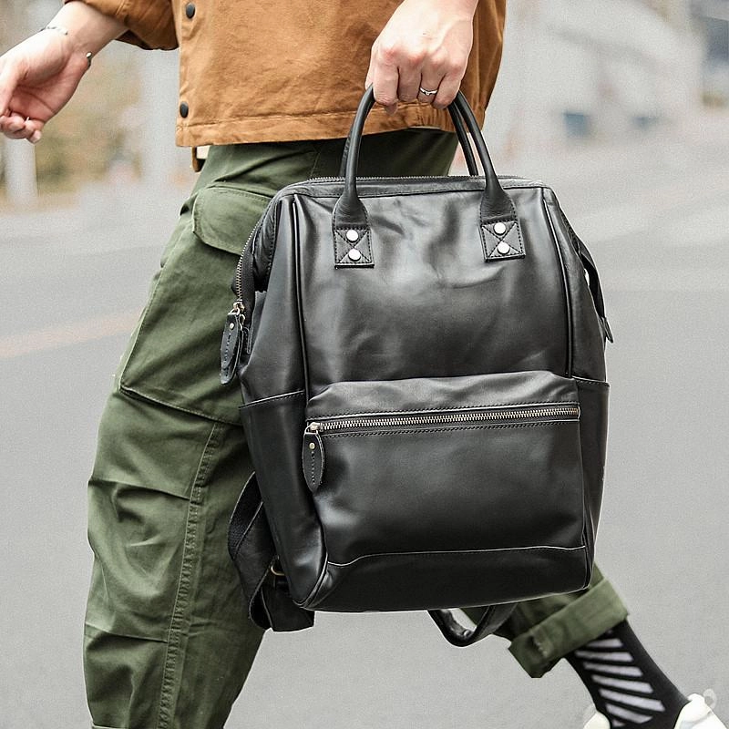 Minimal Look Cool Black Leather Mens Travel Backpack Work Handbag Briefcase Work Backpack For Men